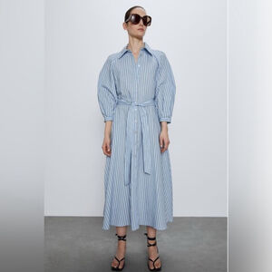 ZARA Women Blue Striped Button Down Belt Shirt Dress Size xl